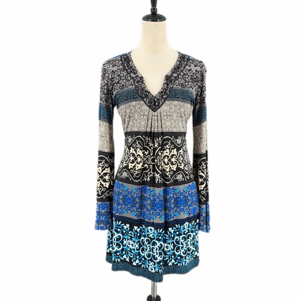 Hale Bob Blue Gray Black Boho Y2K Jersey Tiered Knit Silk Embellished Mini Dress